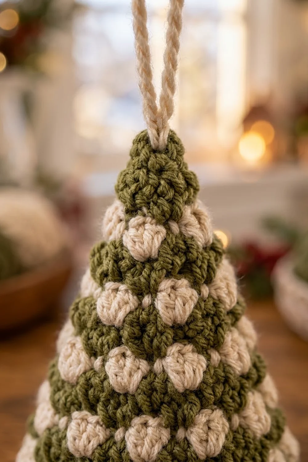 A crocheted Christmas tree ornament with olive-green and cream bobbles hanging by a rope against a festive blurred background.