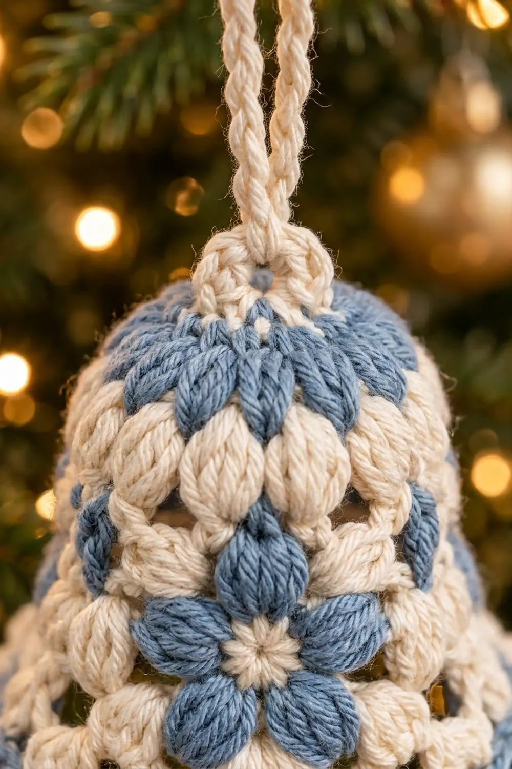 Cream and slate-blue macramé ornament with wrapped twine pom-pom, hanging against glowing golden Christmas tree lights.