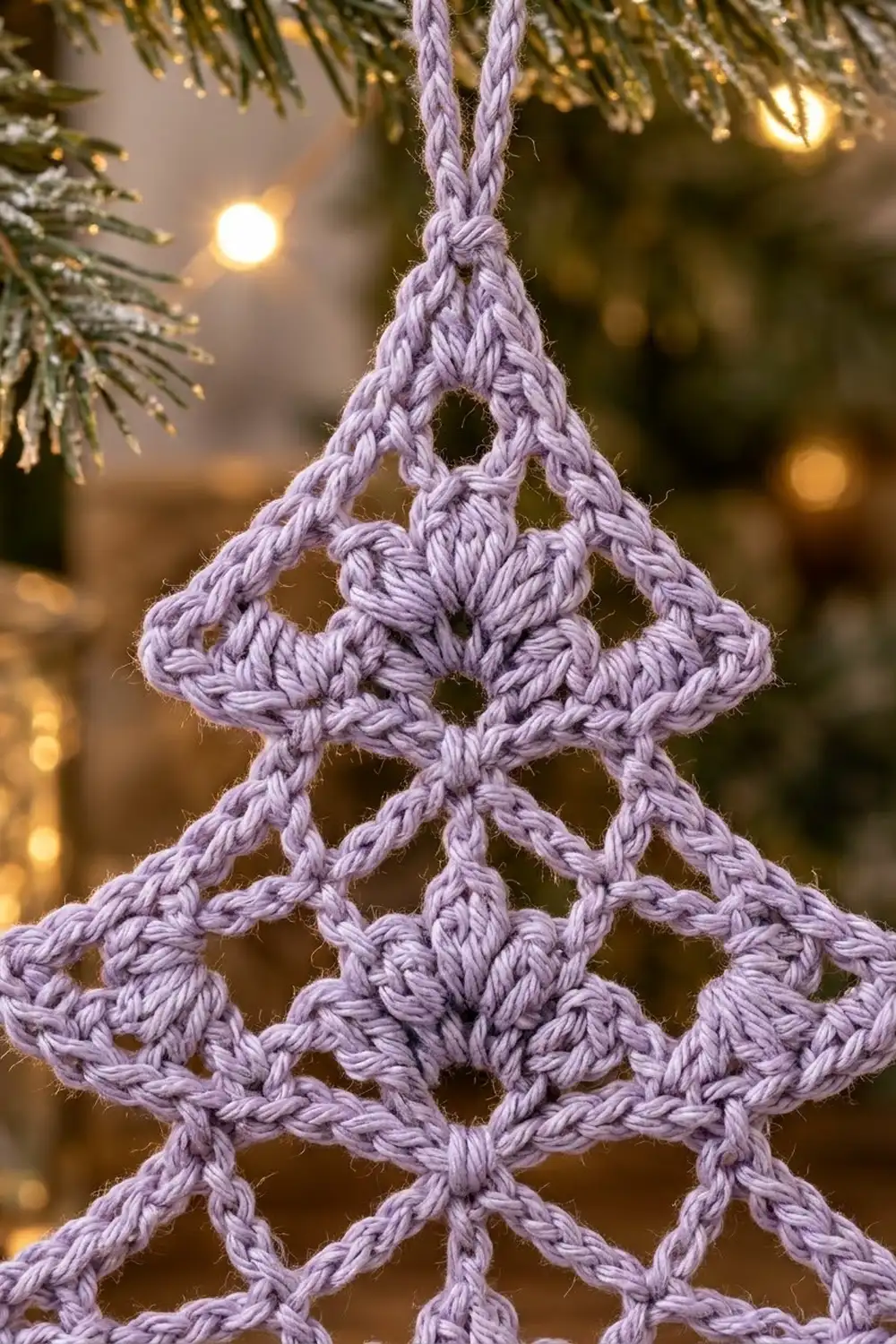 Lavender crocheted tree ornament with lacy geometric pattern, suspended by twine above frosted evergreen branches and warm bokeh lights.