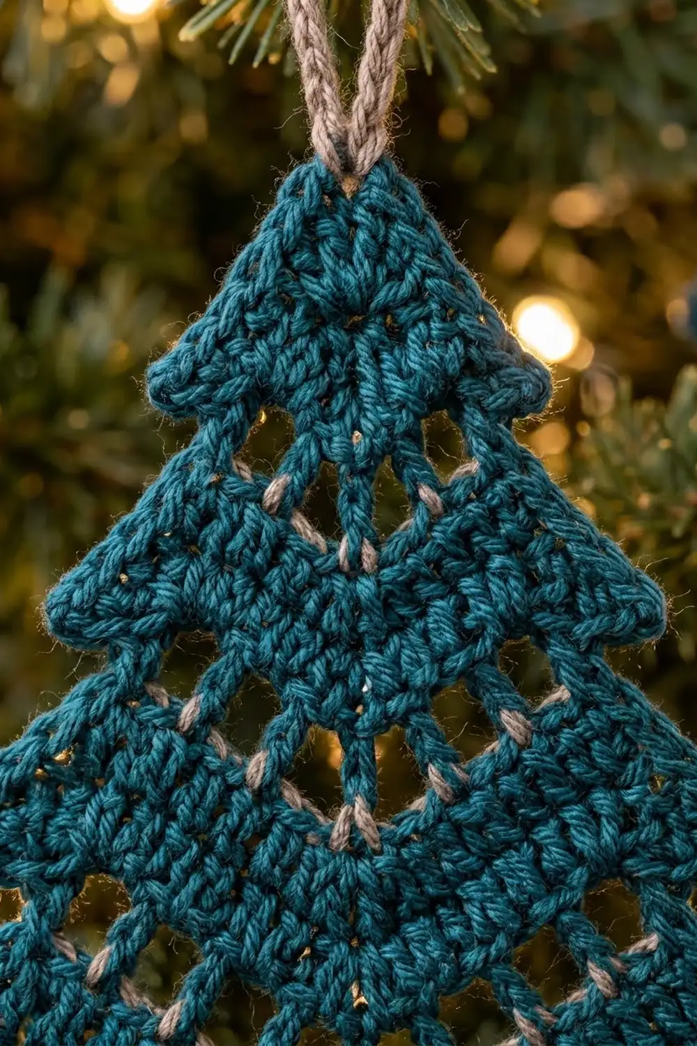 Teal crocheted tree ornament with gray cord against warm bokeh holiday lights.