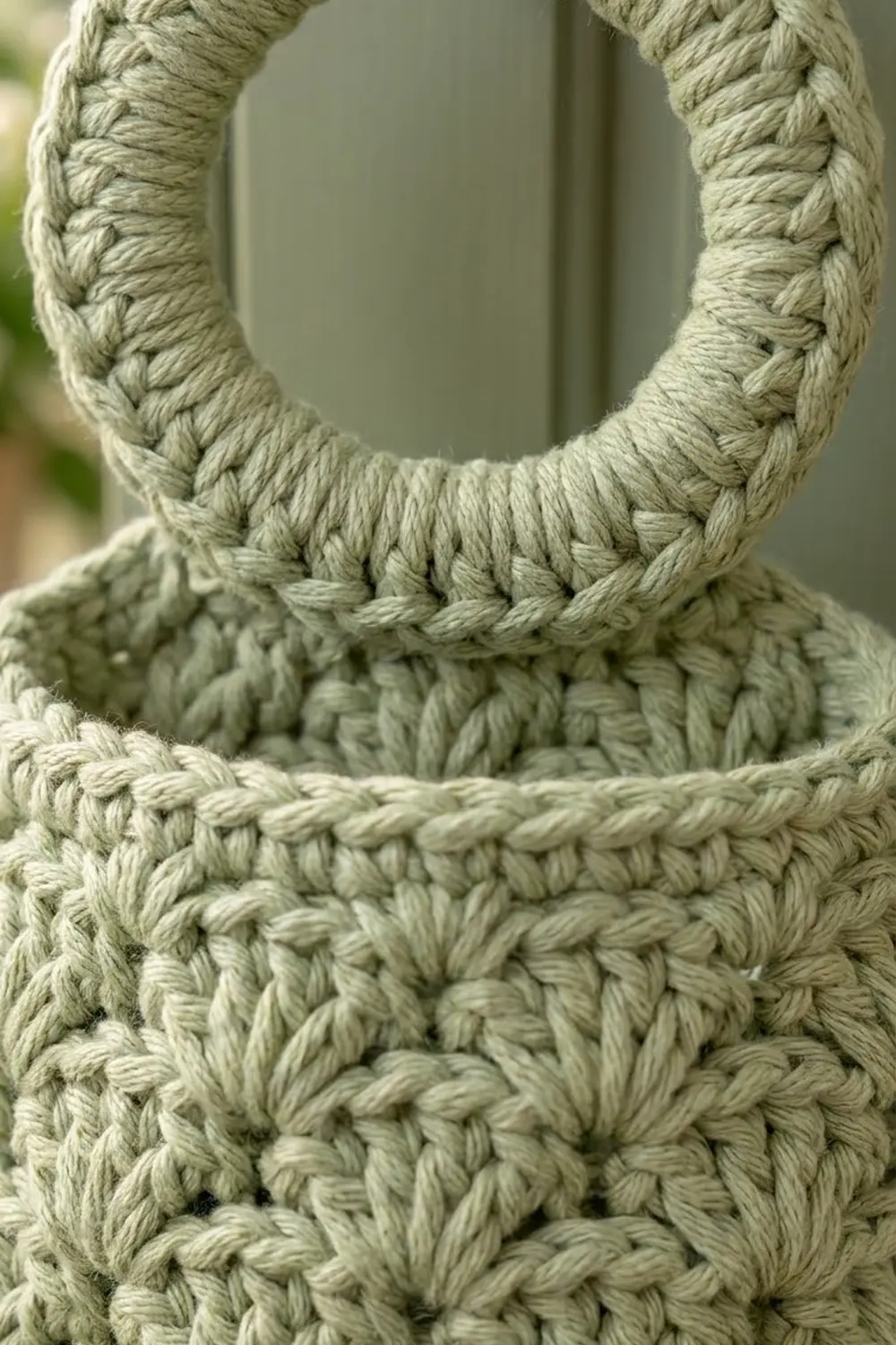 Close-up of a cream crocheted handle with rope-like braided texture and intricate knot detail.