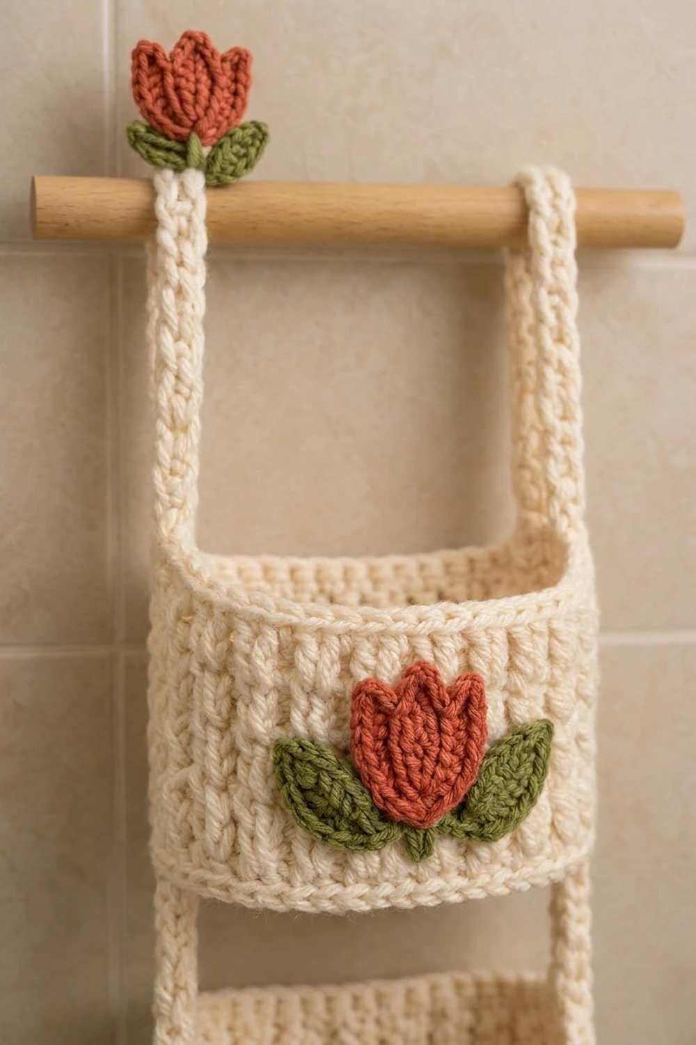 Crocheted cream basket with red tulip appliqués and green leaves hanging from a wooden dowel.