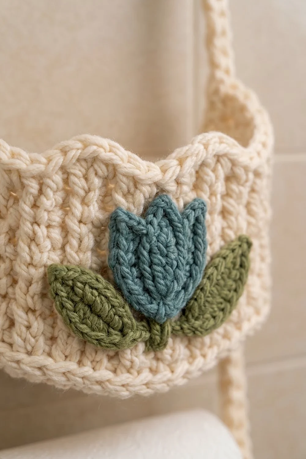 Crocheted cream fabric with teal and green decorative flower appliques in close-up detail shot.