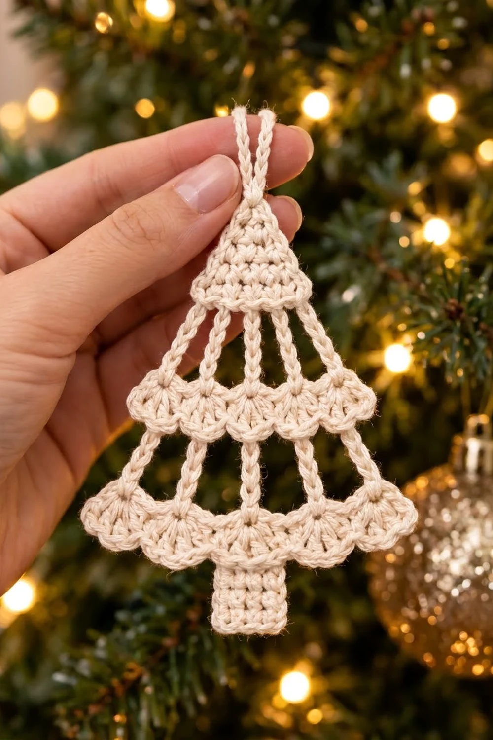 Handmade cream crochet Christmas tree ornament with bell-shaped tiers displayed against evergreen branches and golden holiday lights.