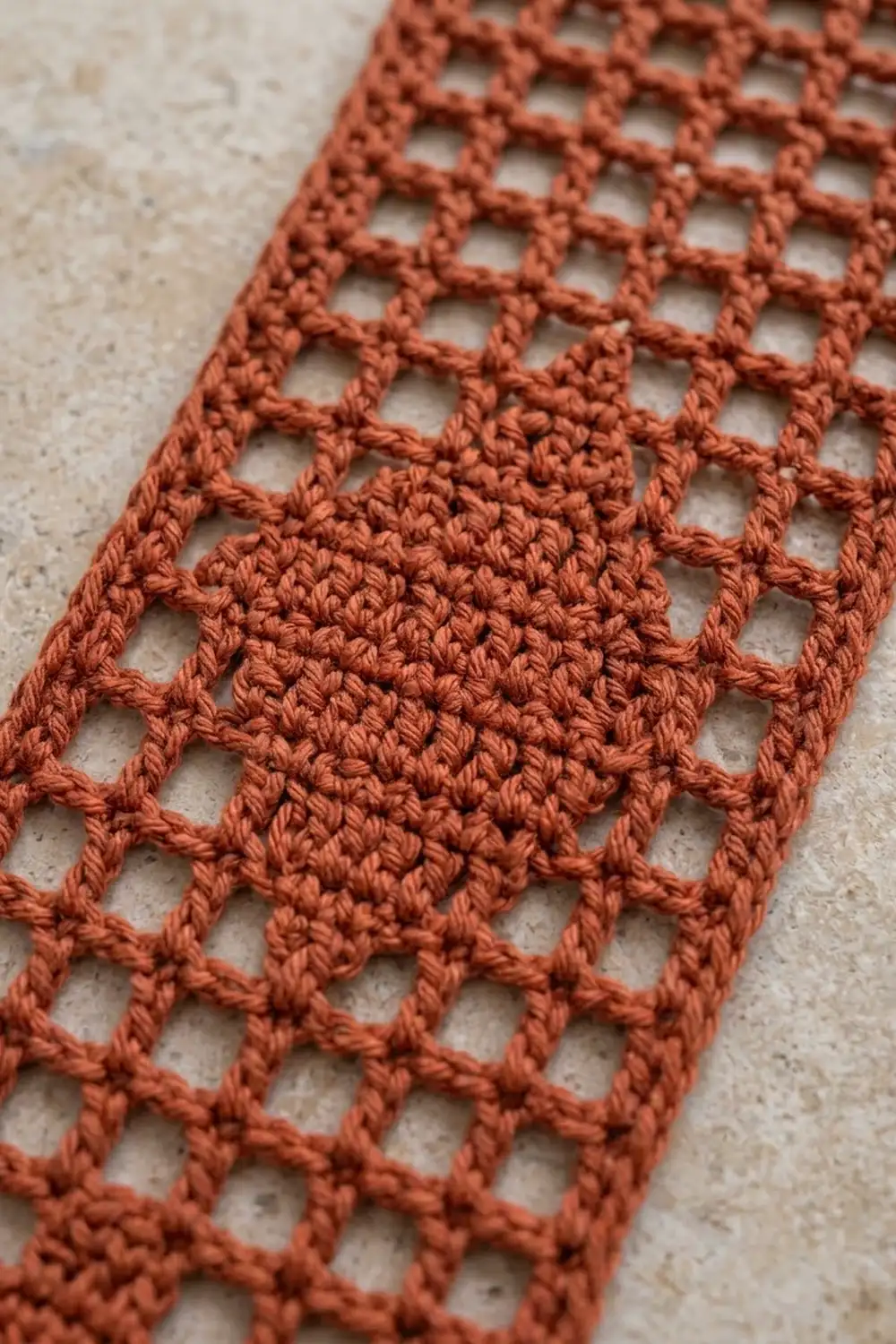 Close-up of terracotta crochet lace trim with open mesh pattern on neutral beige background.