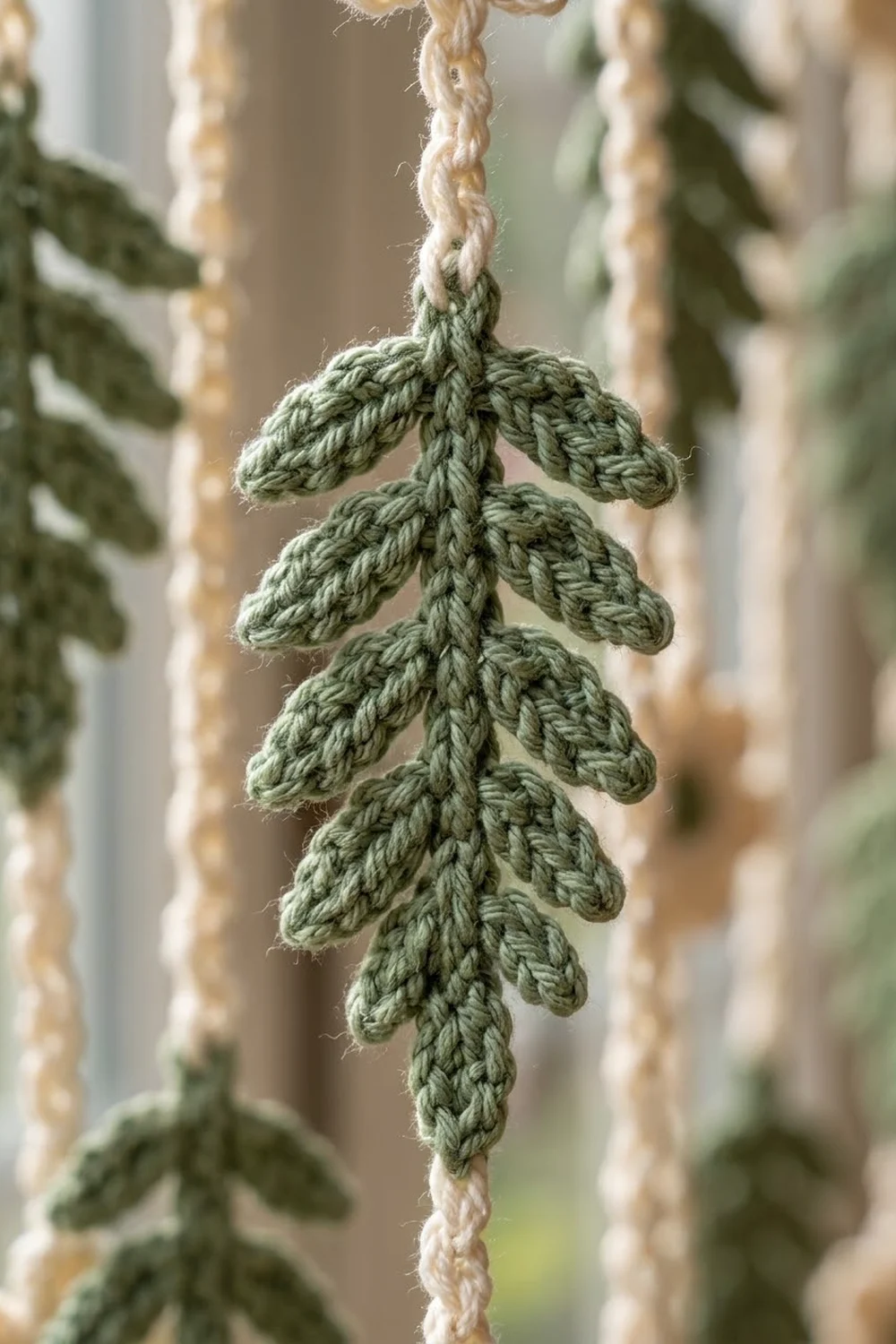 Knitted evergreen ornament with sage green yarn hanging from cream-colored twisted cord.