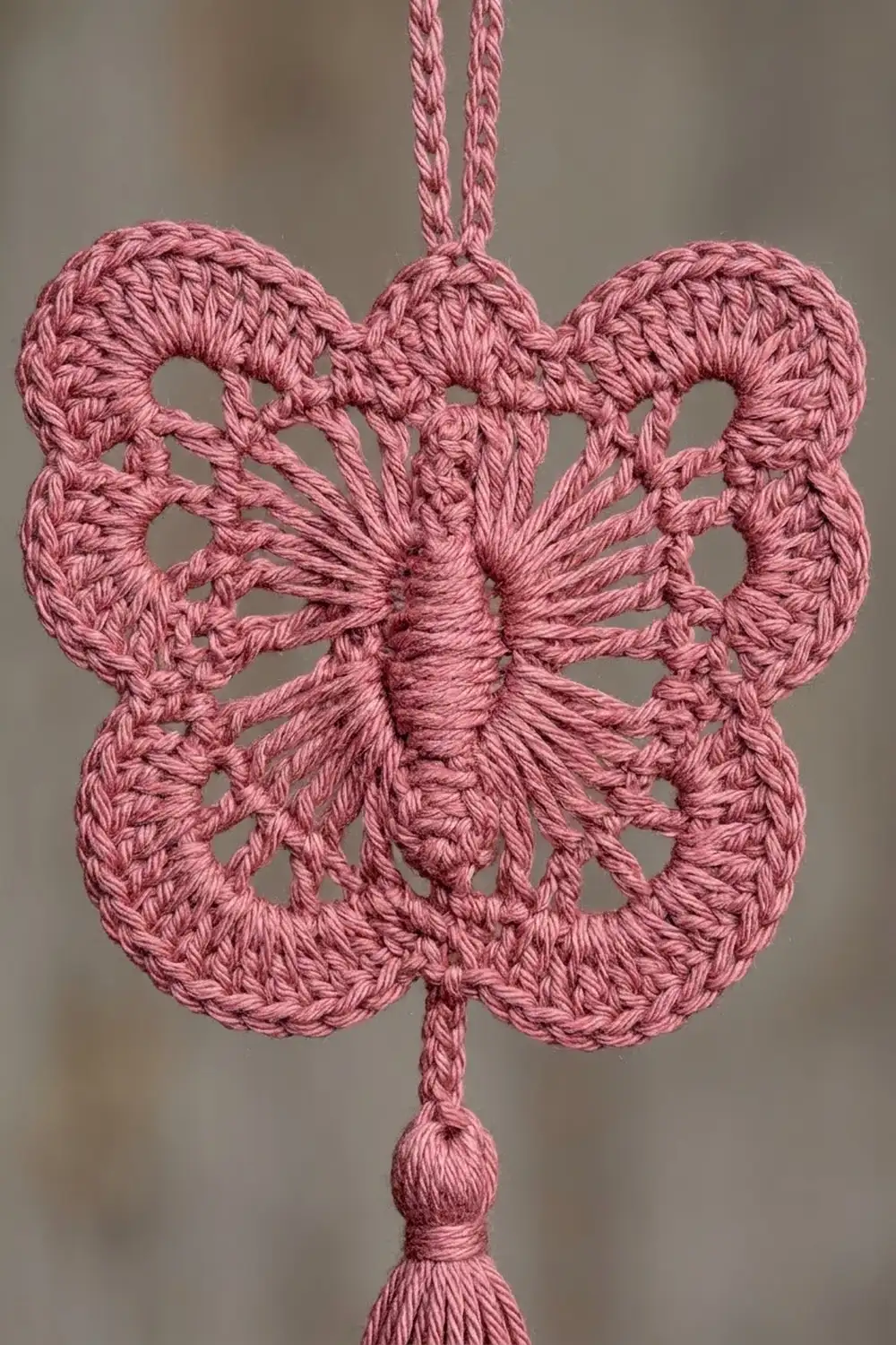 A pink crocheted butterfly ornament with detailed lacework wings, hanging from twisted cord strands against a blurred background.