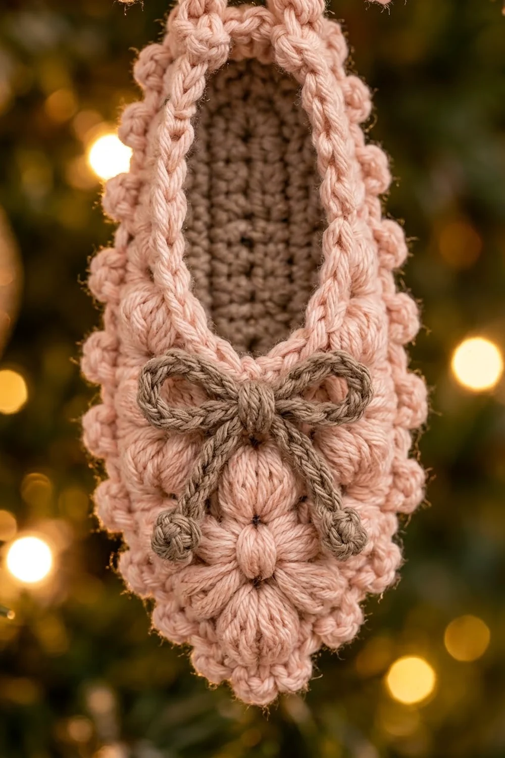 Crocheted pink wreath detail with gray braided frame, central bow, and pom-poms against warm bokeh.