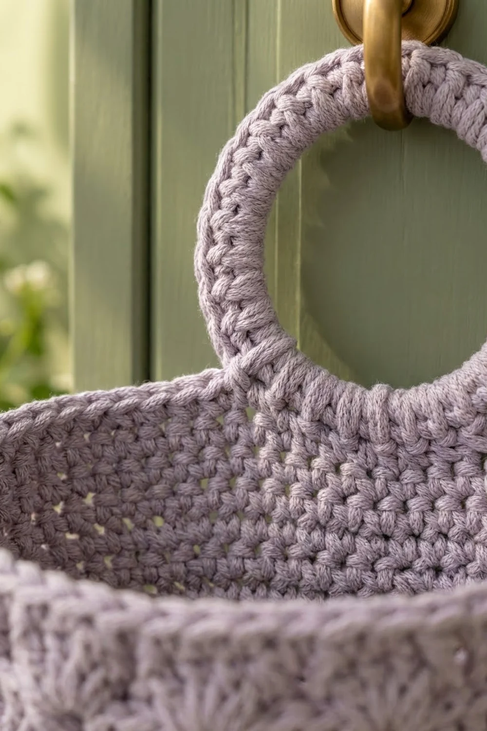 Close-up of gray crocheted tote showing intricate stitch texture with brass handle against soft green wall.