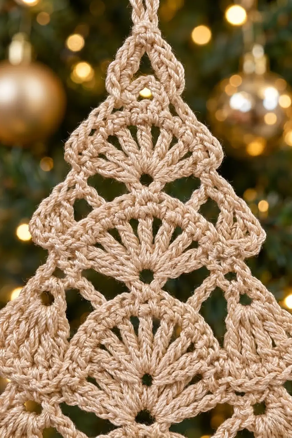 Crocheted cream lace Christmas tree ornament with golden bead center, set against glowing holiday bokeh.