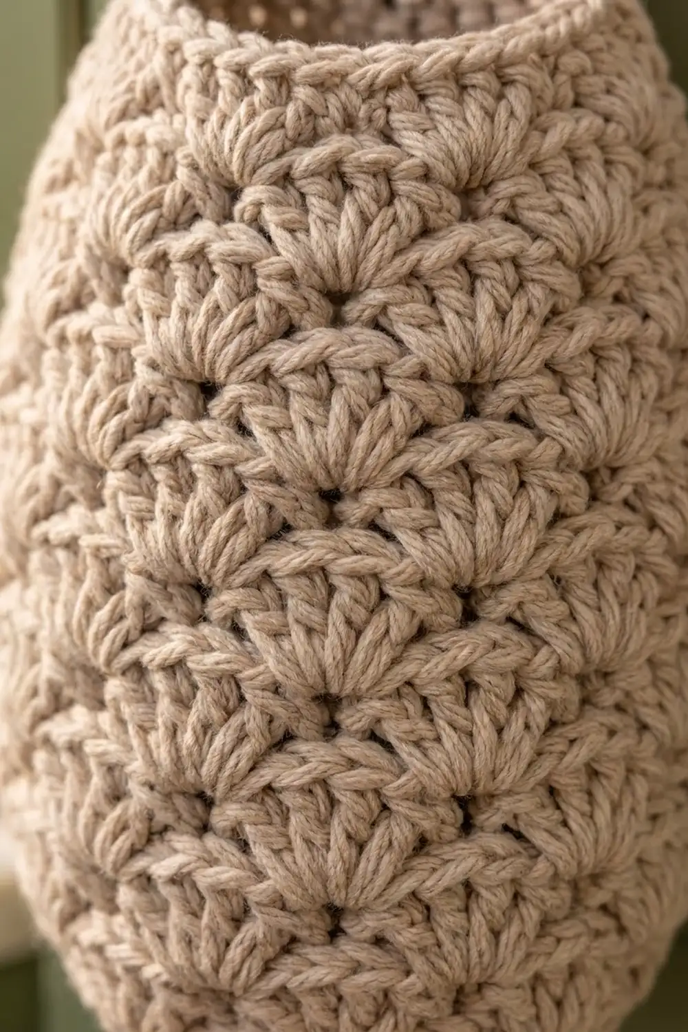 Close-up of cream-colored crocheted fabric featuring raised bobble stitches with soft, textured dimension.