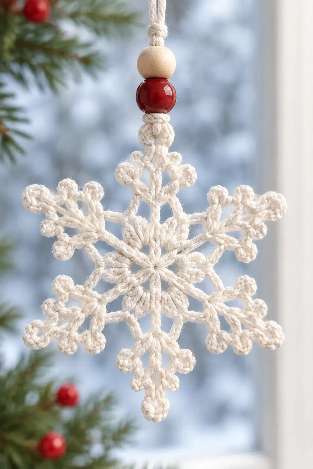 A cream-colored macramé snowflake ornament with a red bead hangs from natural twine against a snowy window.