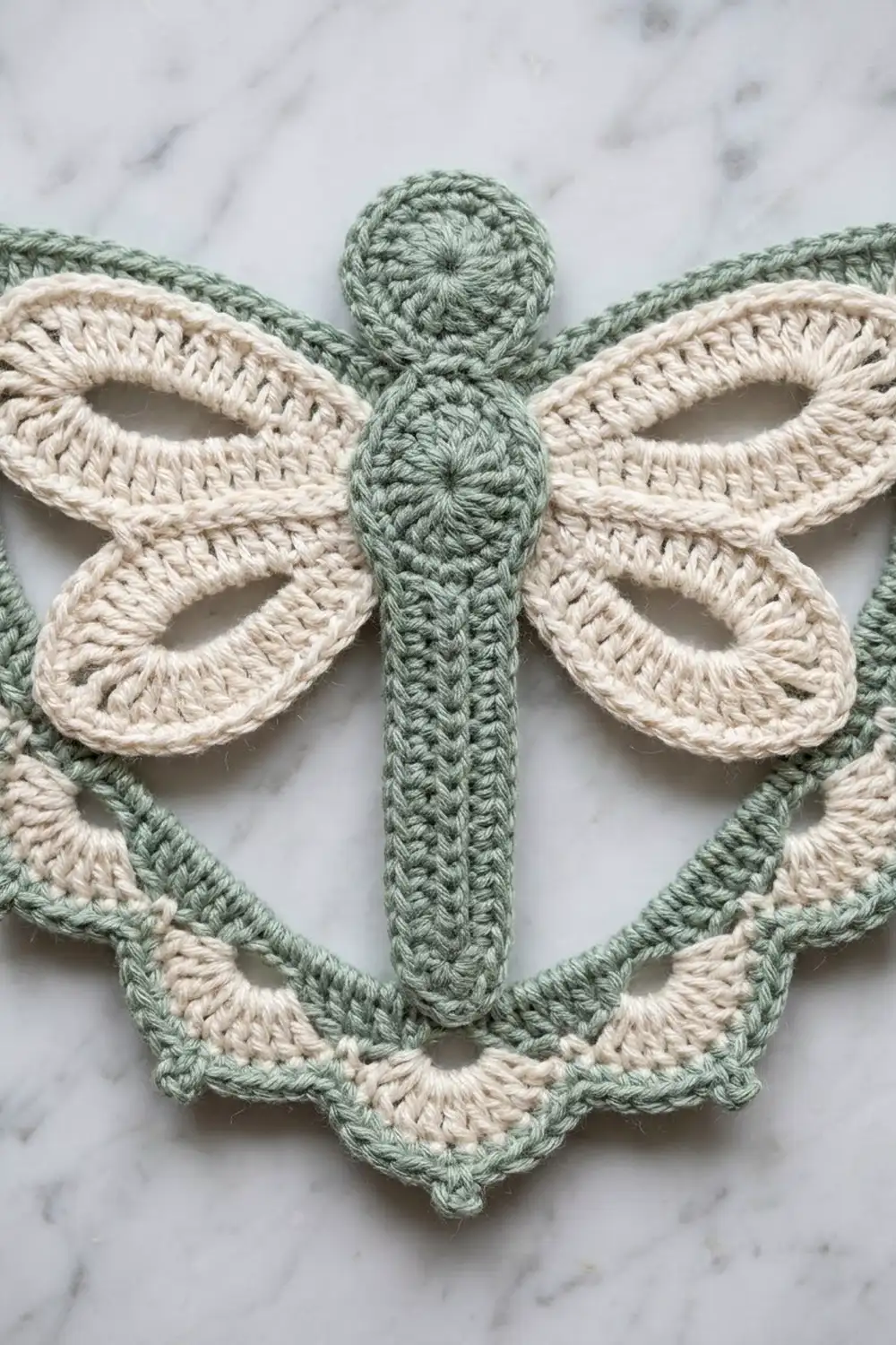 Crocheted dragonfly appliqué with sage green body and cream-colored wings on marble background.