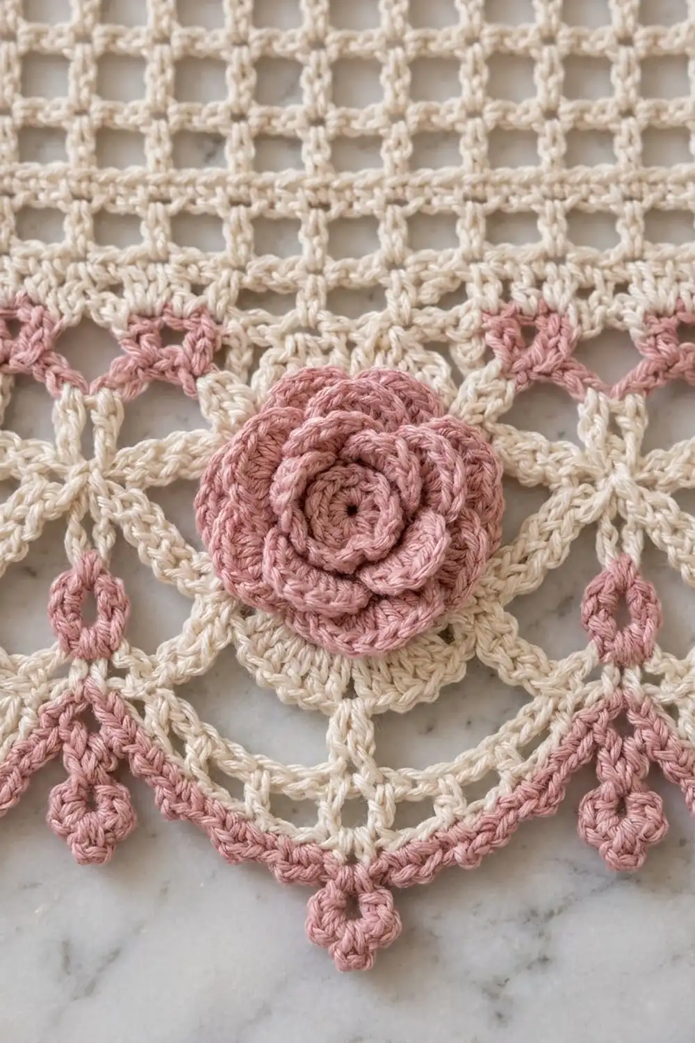 Crocheted doily featuring cream lattice pattern with pink rose motif and dangling teardrop accents on marble.
