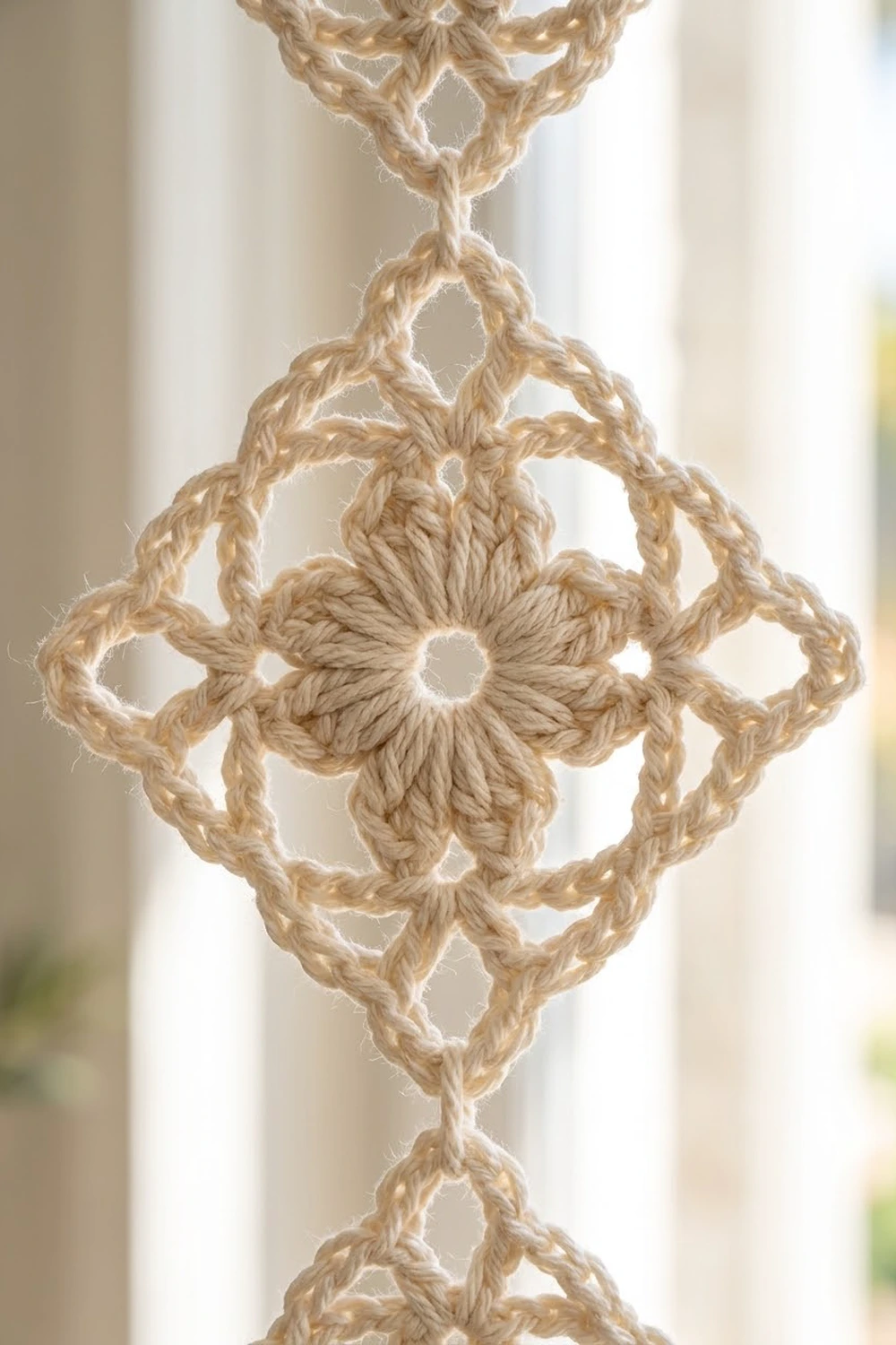 Macramé ornament with natural jute rope hanging in window light, featuring symmetrical knotted diamond and flower pattern.