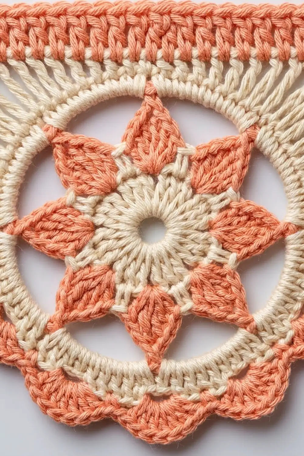 Close-up of an intricate crocheted doily featuring a coral and cream star pattern with open lacework detail.