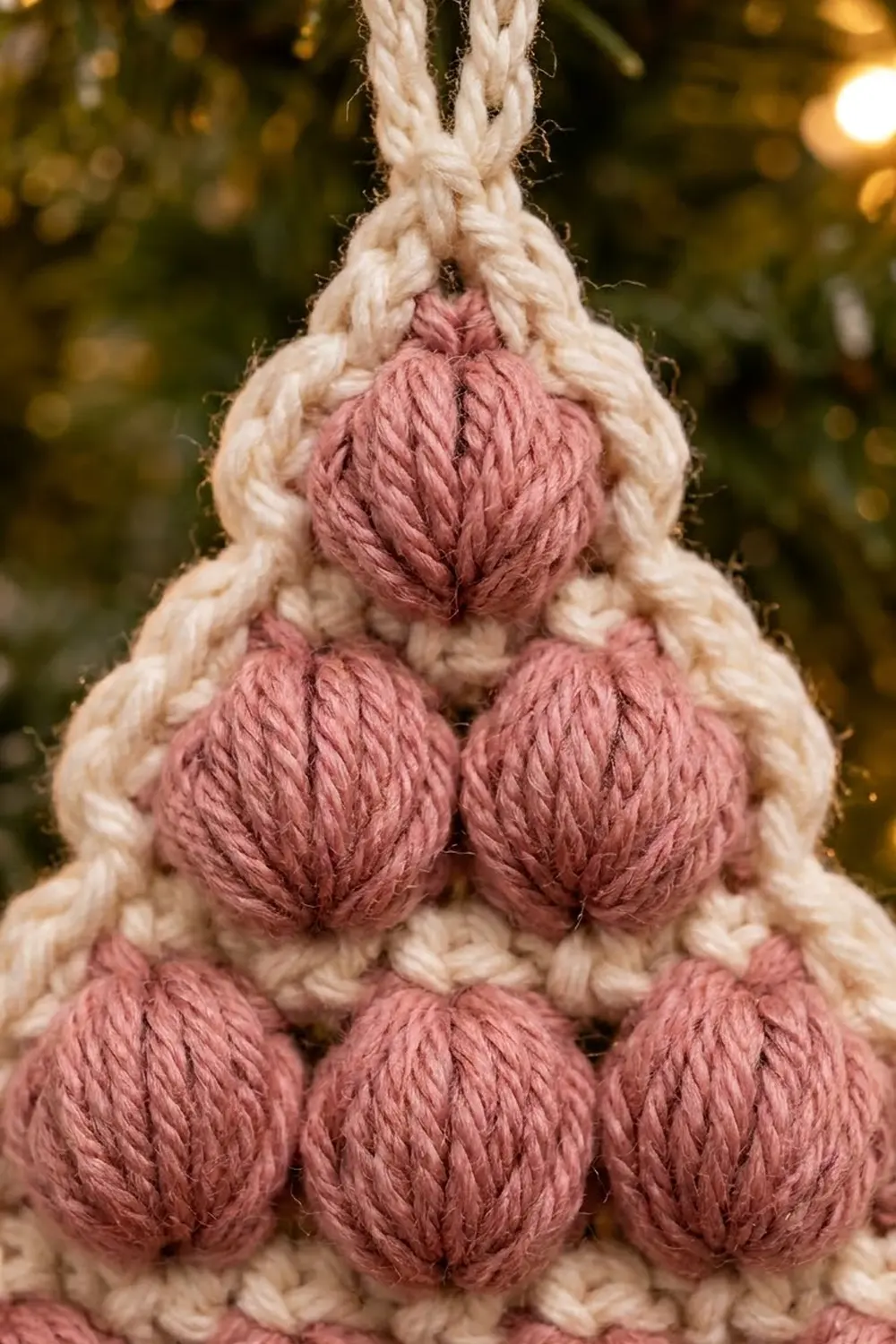 Crocheted pyramid ornament with dusky pink yarn pom-poms and cream rope detail, warm bokeh background.