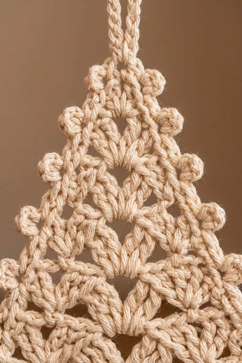 Cream-colored crocheted tree decoration with textured braided ropes, knotted details, and pom-pom accents on a warm beige background.