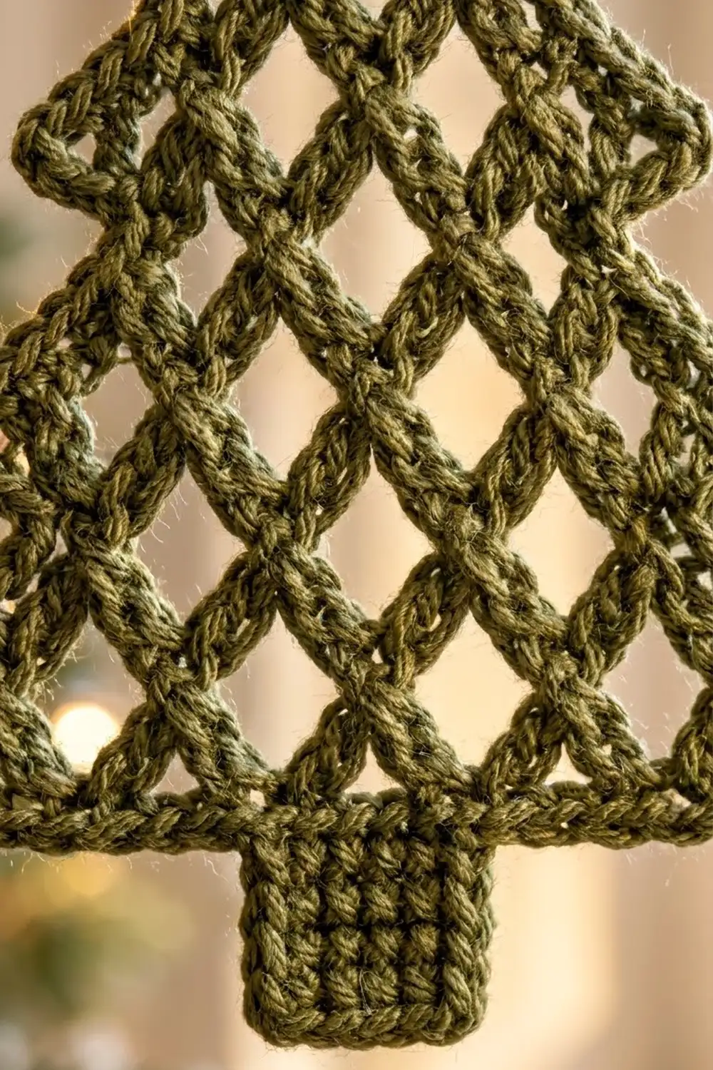 Olive-green crochet work displays open diamond lattice pattern with rope-textured stitches against a warm, blurred background.
