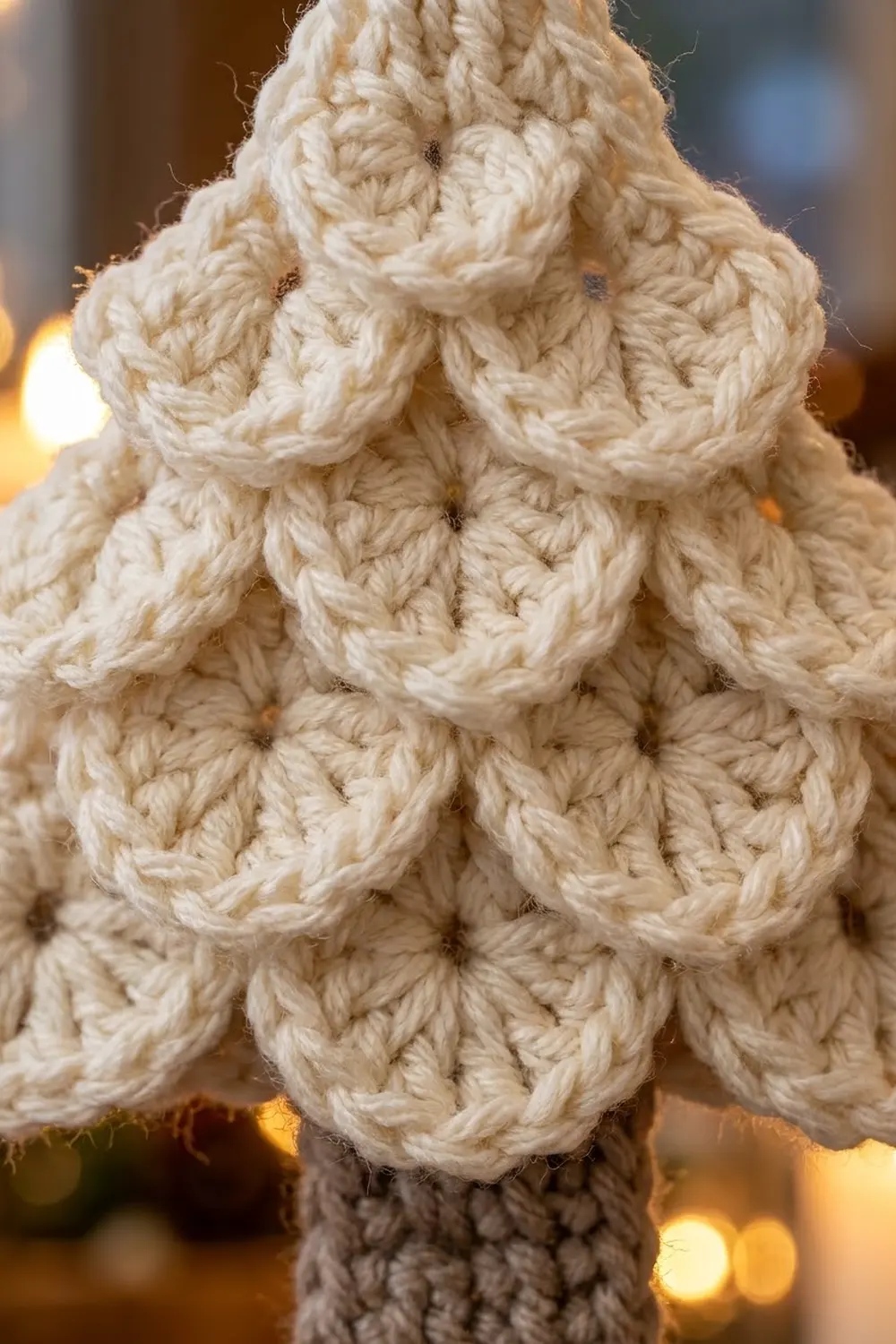 Cream-colored crocheted Christmas tree with textured bobble stitch and gray trunk against warm, blurred holiday lights.