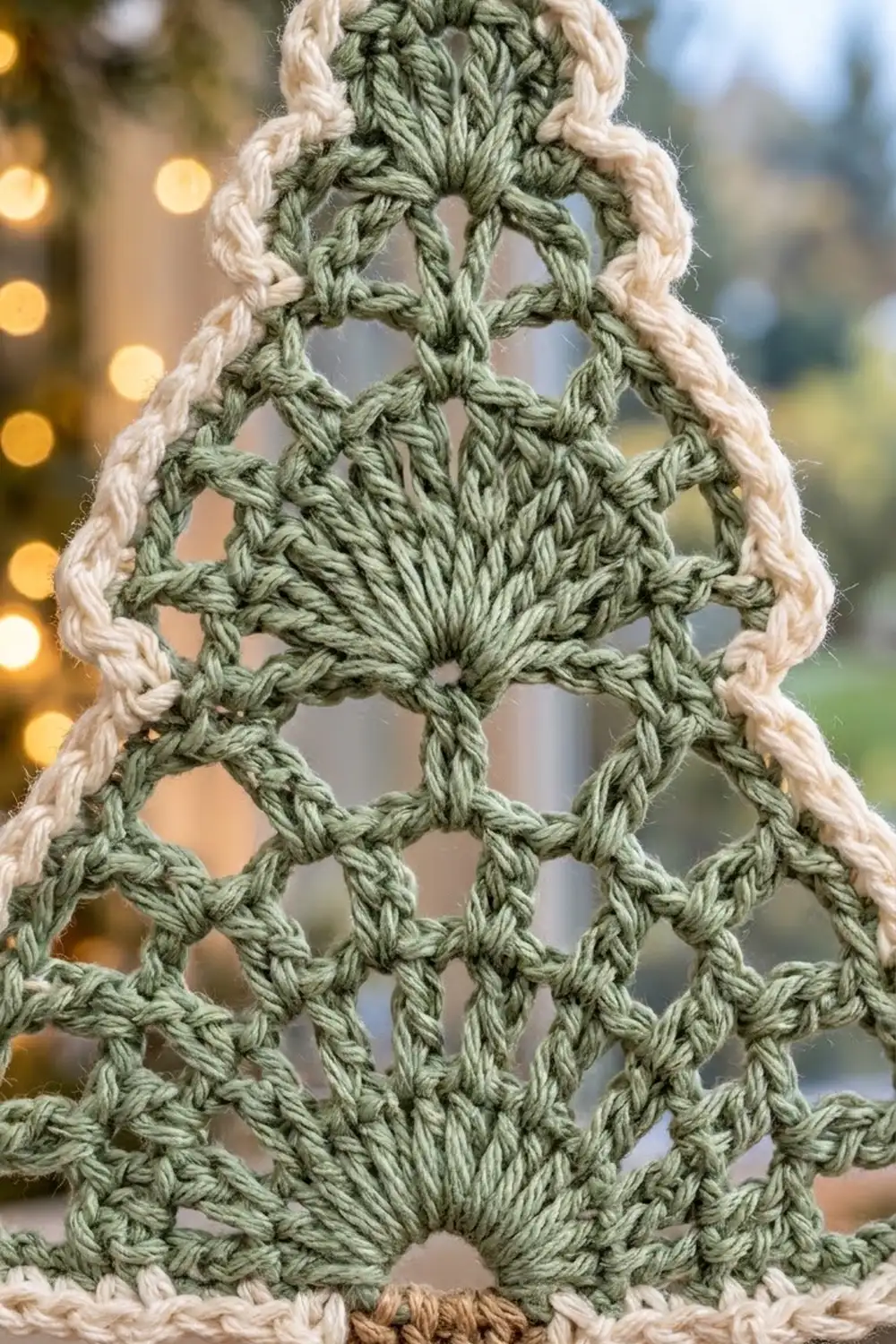 Sage green crocheted tree ornament with cream outline and open lace stitching, displayed against golden bokeh lights.