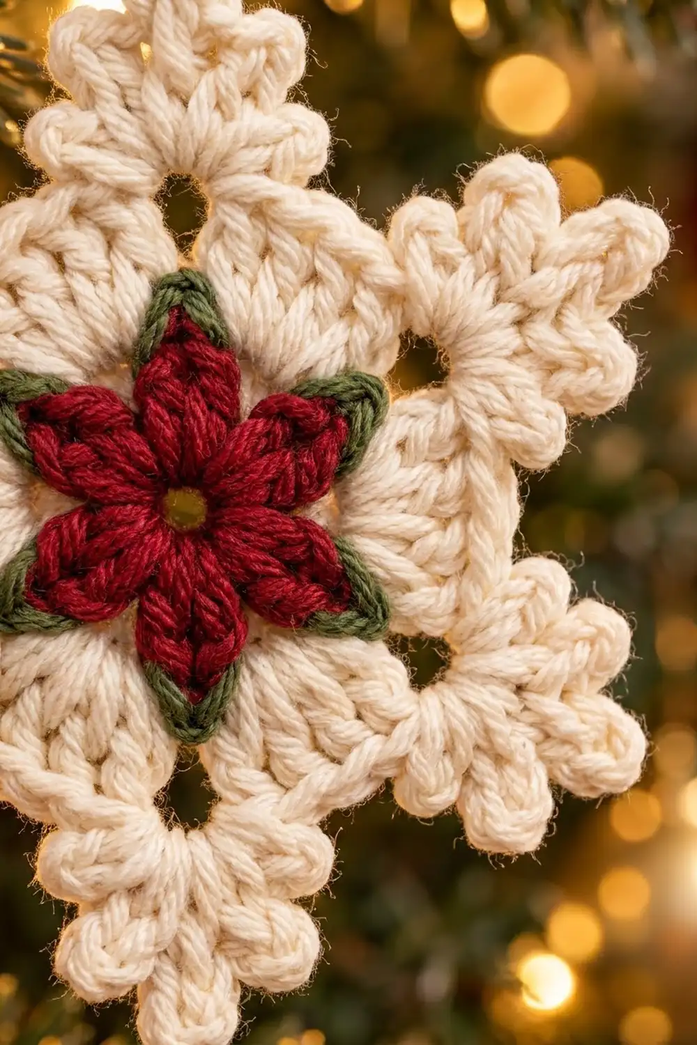 A cream-colored crocheted snowflake features a vibrant red flower with green leaves against golden bokeh lights.