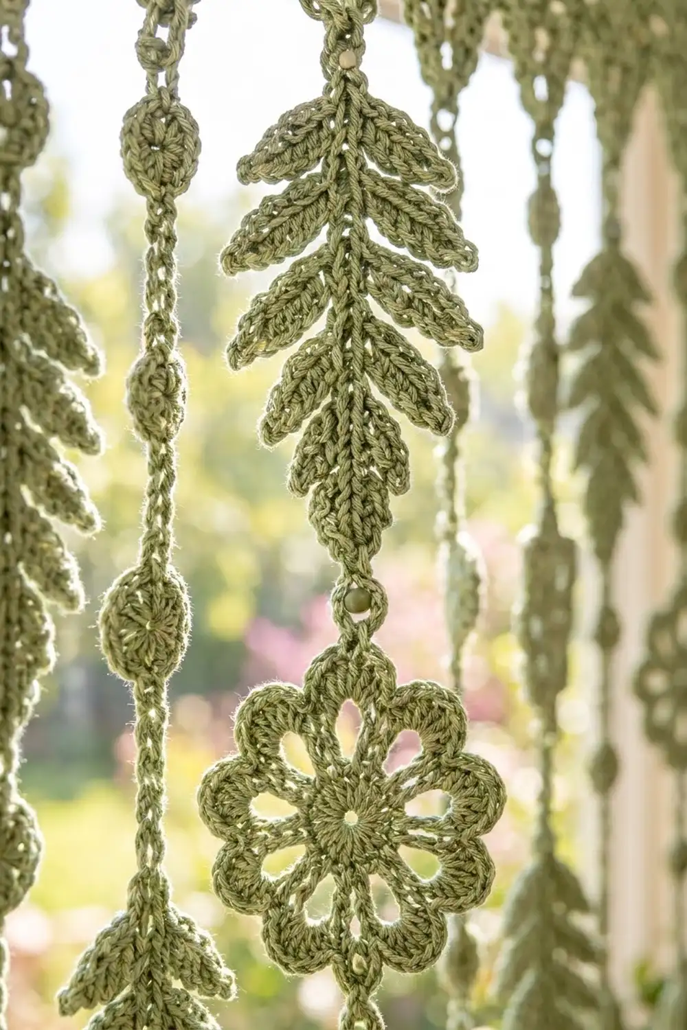 Hanging sage-green crochet ornaments with fern-like leaves and delicate flower charms displayed against a soft garden background.
