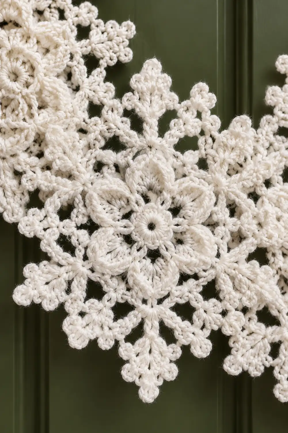 Delicate white crocheted snowflakes with intricate looped patterns displayed against a soft sage green background.