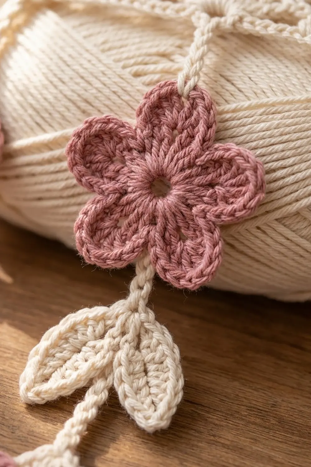 A pink crochet flower with cream leaves attached to a beige macramé rope near a woven basket.