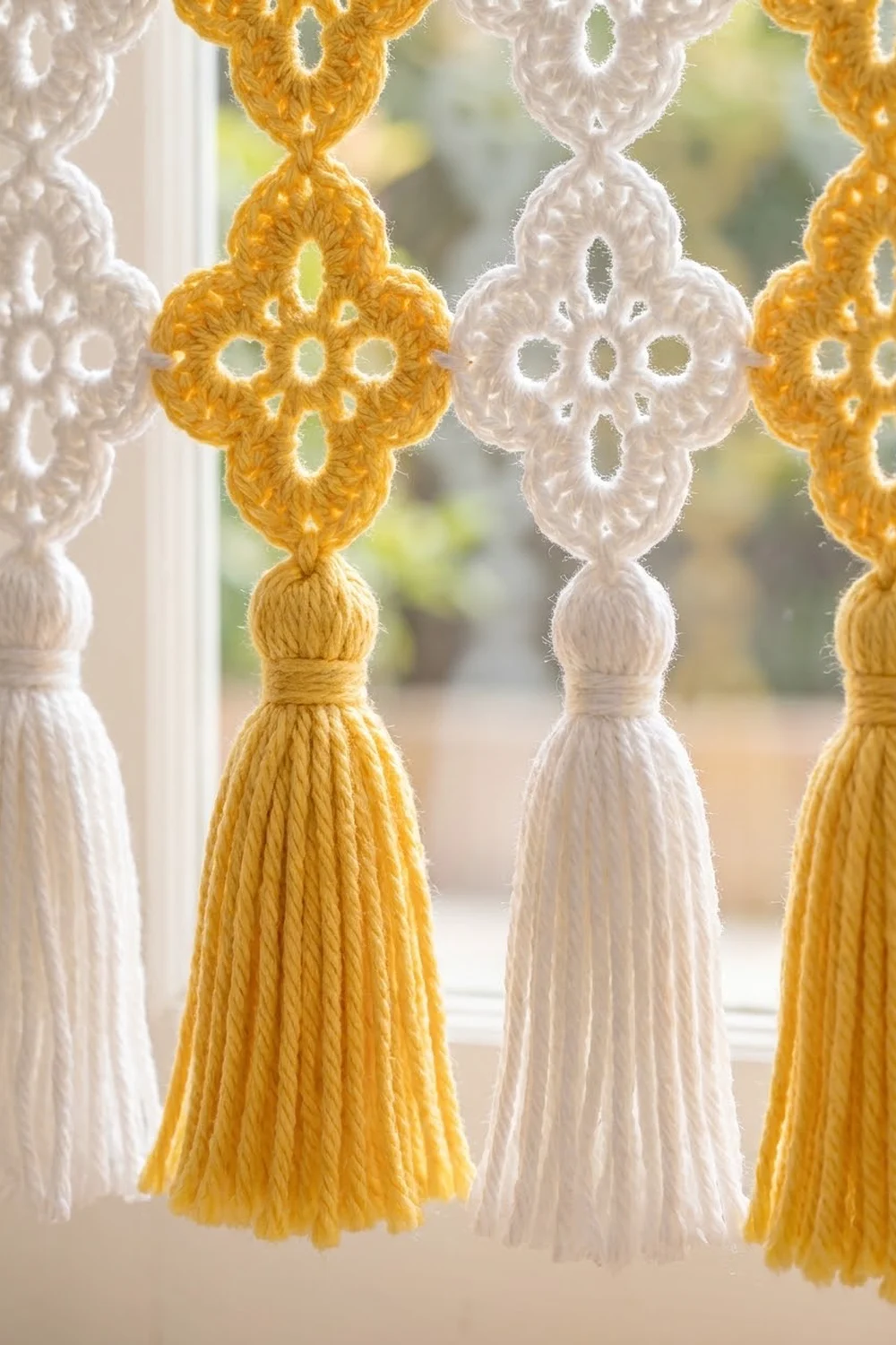 Delicate crocheted lace trim with alternating yellow and white four-pointed motifs and matching tassels hanging in a window.