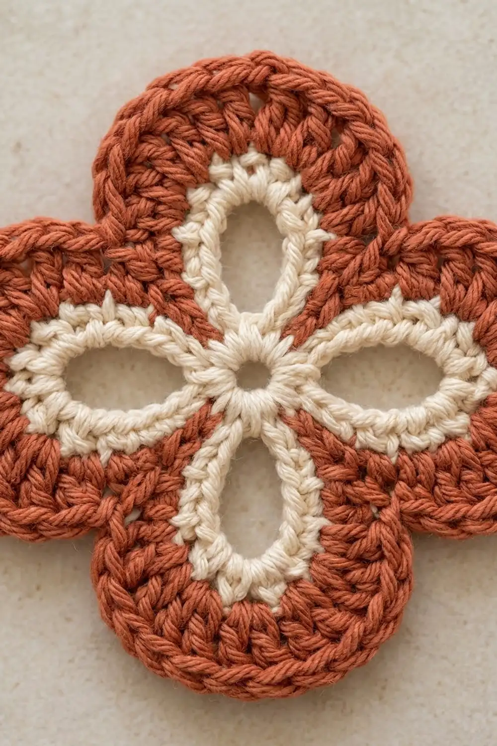 Crocheted four-leaf clover motif in rust orange and cream yarn displayed flat on neutral background.