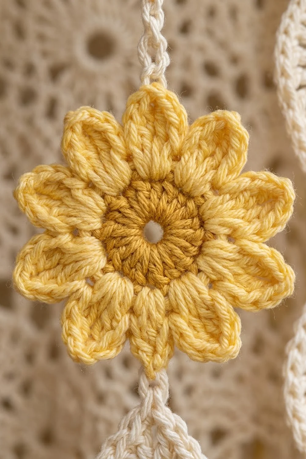 A crocheted golden yellow flower ornament with eight petals hangs from a cream-colored twisted rope.
