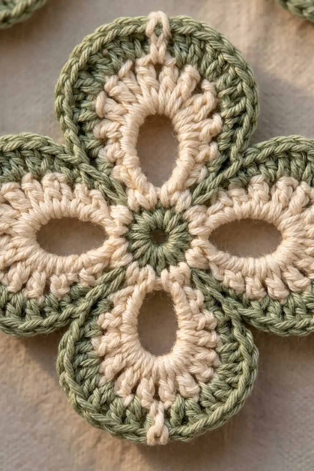 Close-up of a crocheted ornament featuring four linked rings in sage green and cream yarn.