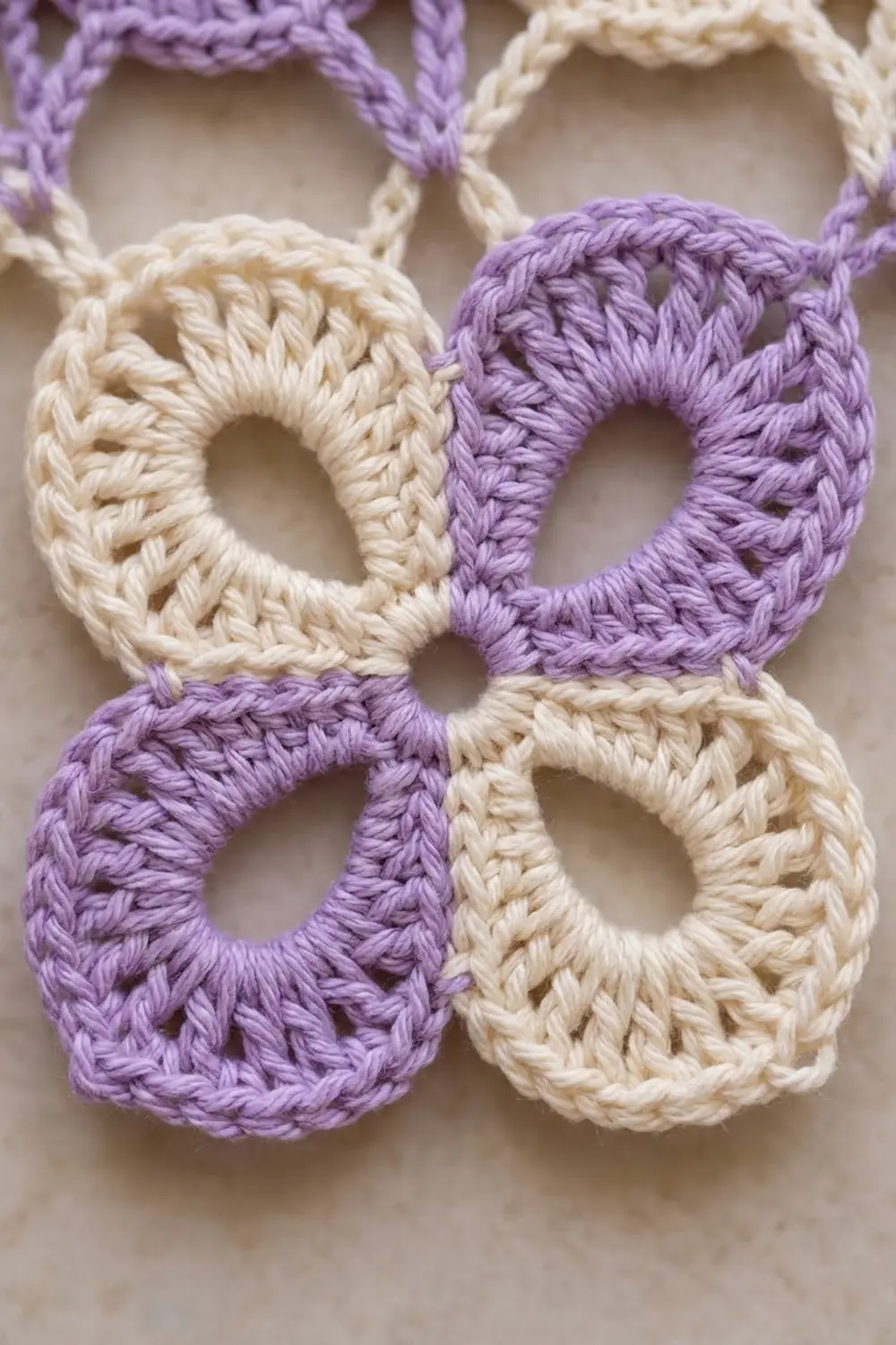 Four crocheted oval rings in alternating lavender and cream colors arranged in a four-leaf clover pattern.