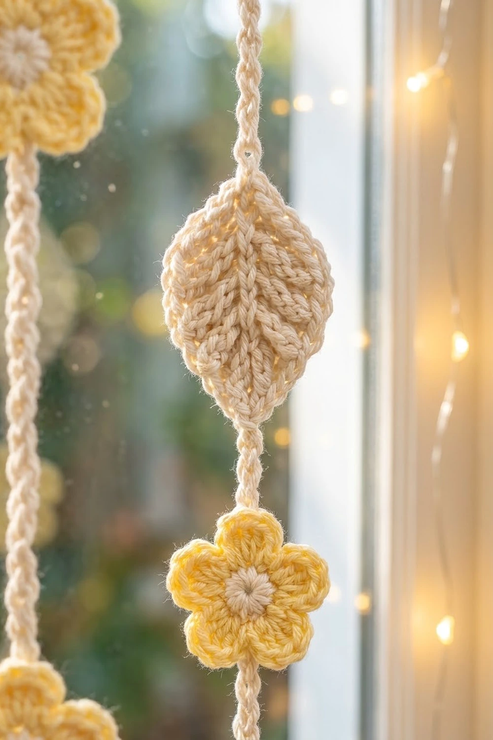 A crocheted beige leaf ornament with yellow flower dangles hang from braided twine in a window.