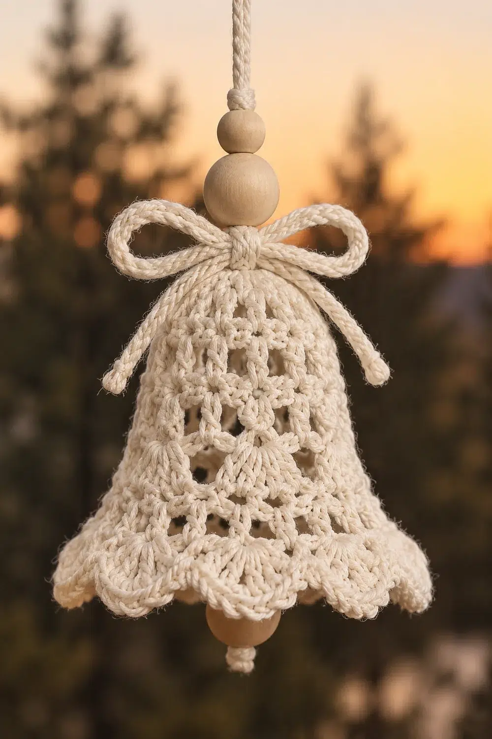 A handmade crocheted bell ornament with a bow, suspended against a blurred sunset forest background.