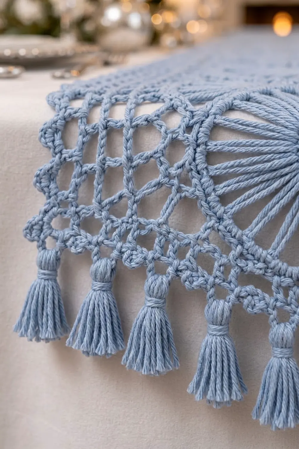 Close-up of a light blue macramé placemat with knotted patterns and decorative tassels on a white table.