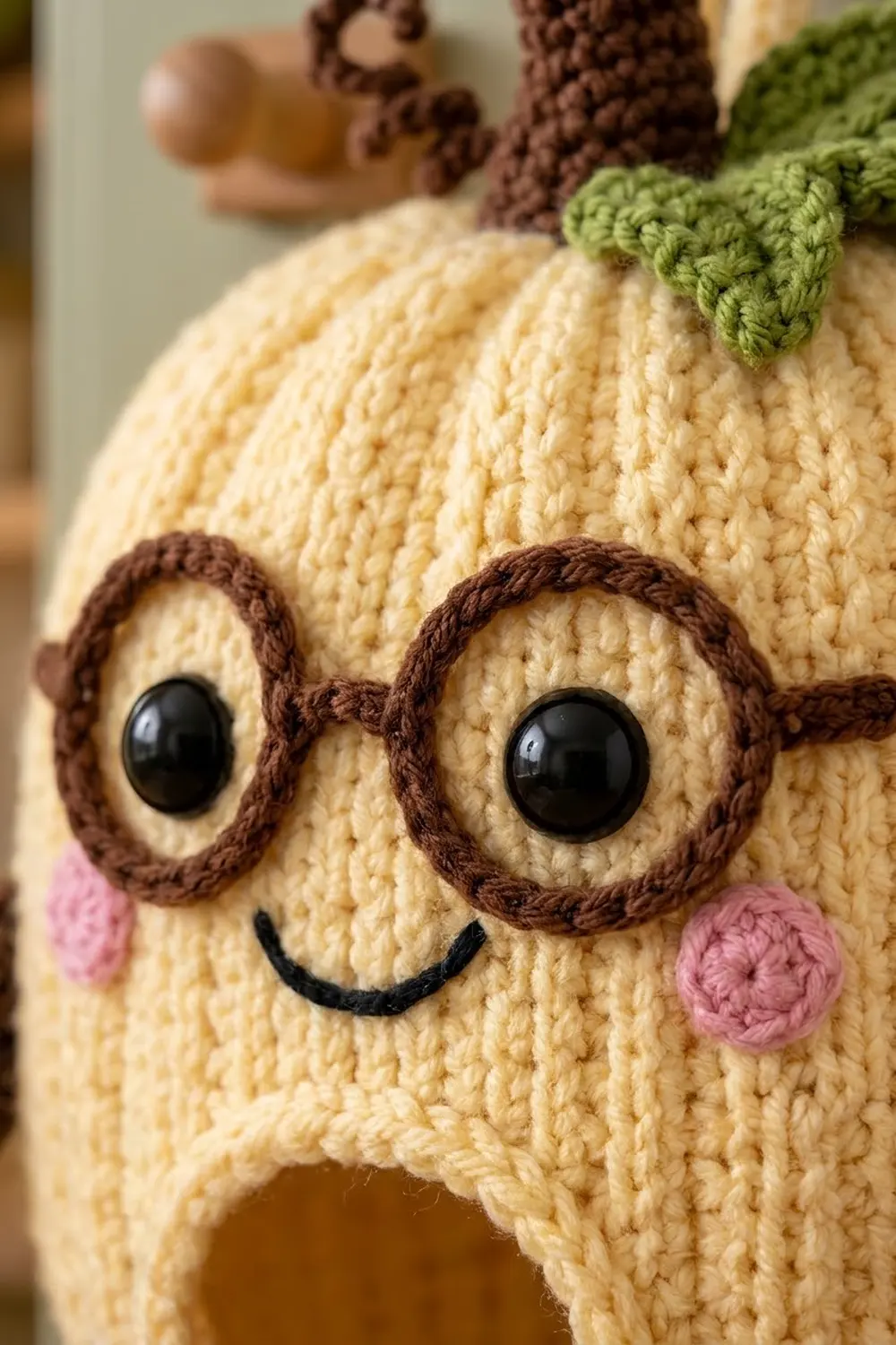 A cream-colored crocheted owl amigurumi with brown eyes, pink cheeks, and a green leaf on its head.