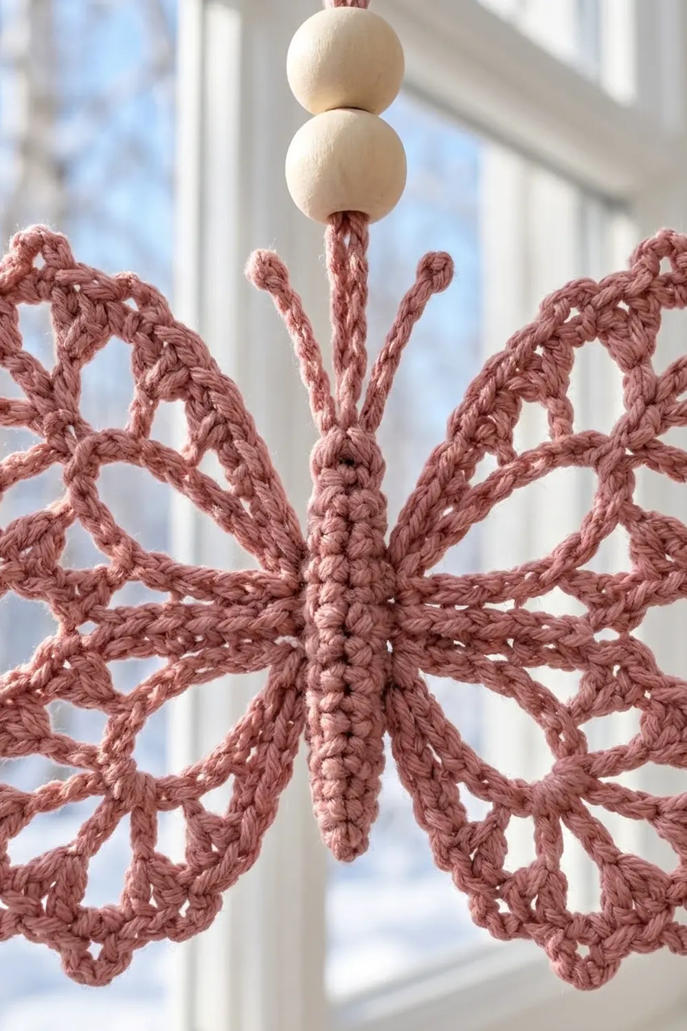 A crocheted snowflake ornament in dusty rose yarn with wooden beads, hanging in a bright window.