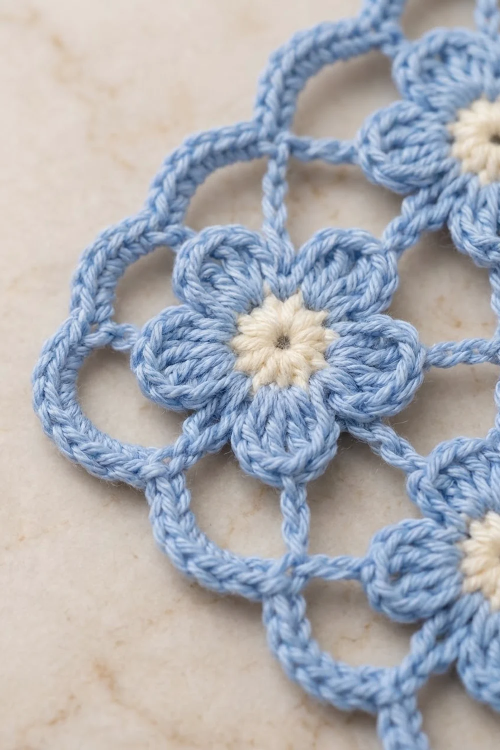 Close-up of delicate blue crochet flowers with cream centers connected by twisted blue yarn on a beige background.