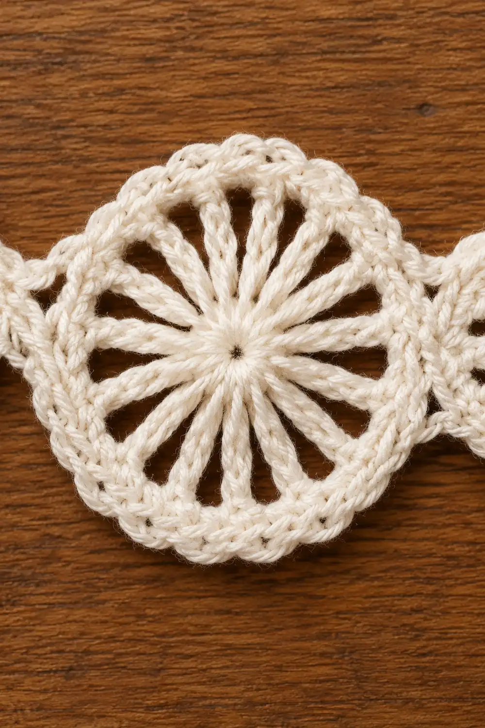 Cream-colored crocheted doily with radiating spokes and textured border displayed on warm wood surface.