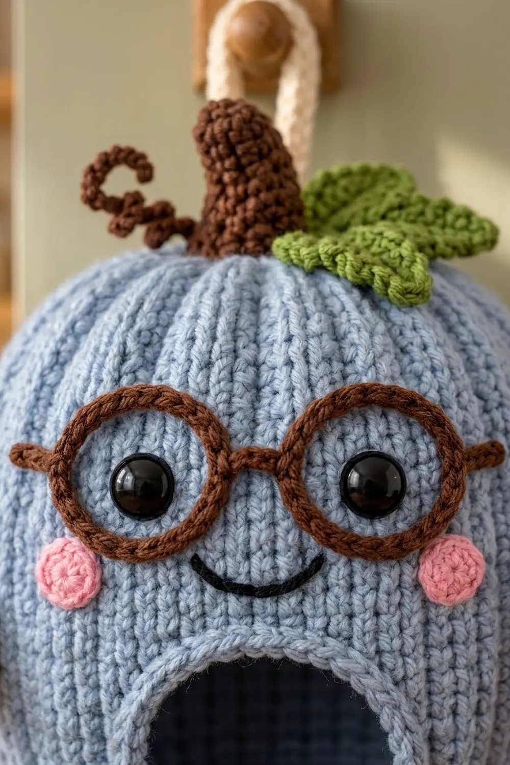 A handmade crocheted owl toy with gray body, brown eyes, pink cheeks, and green leaves on top.