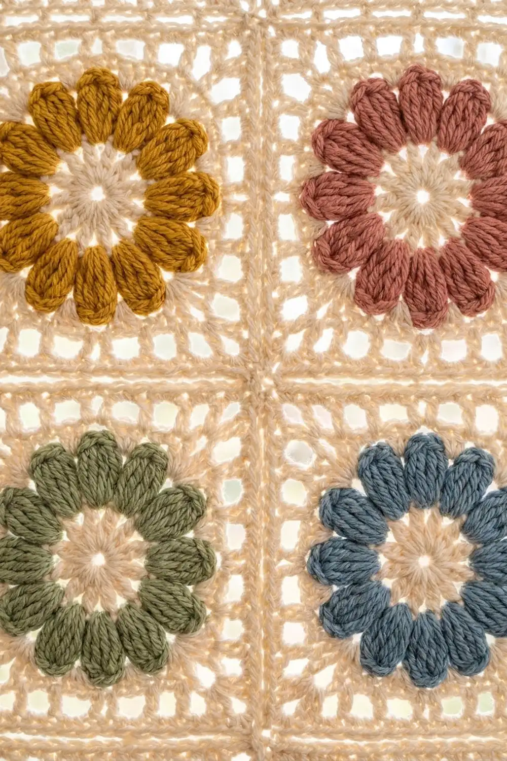Four crocheted granny square flowers in yellow, mauve, sage green, and slate blue with cream centers on a beige lacy background.