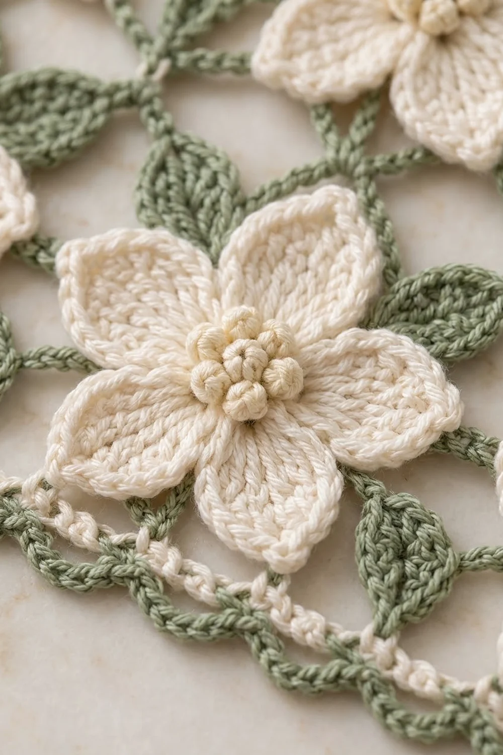 Close-up of crocheted white flowers with cream centers and sage green leaves and stems on pale background.