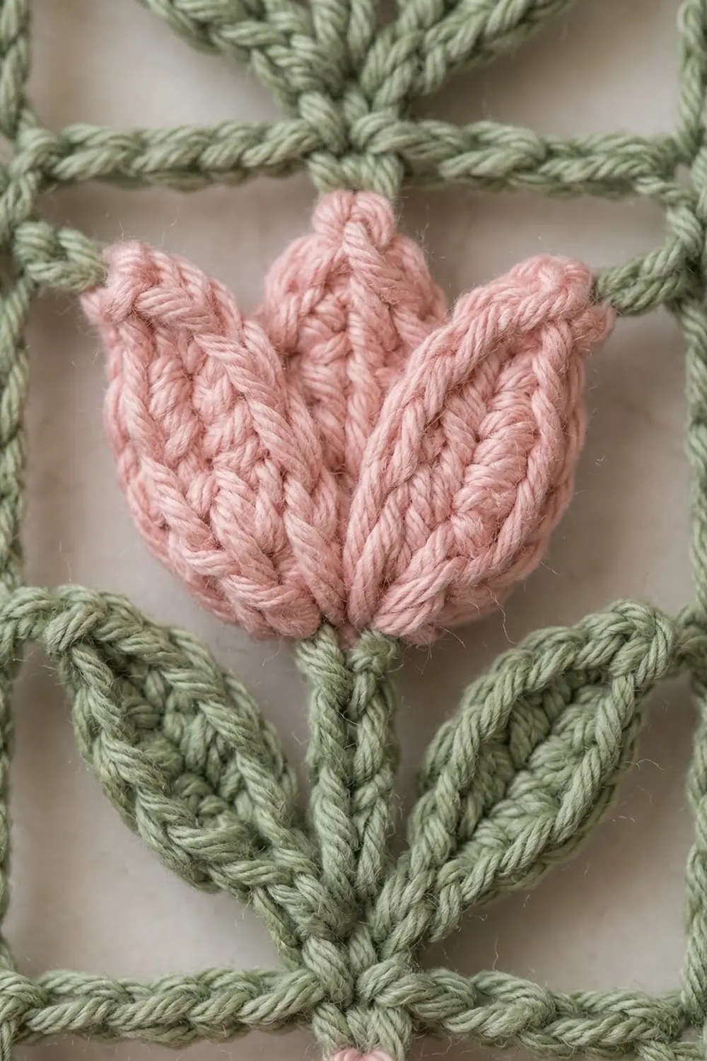 A pink twisted rope tulip flower with green rope stem and leaves against a neutral background.