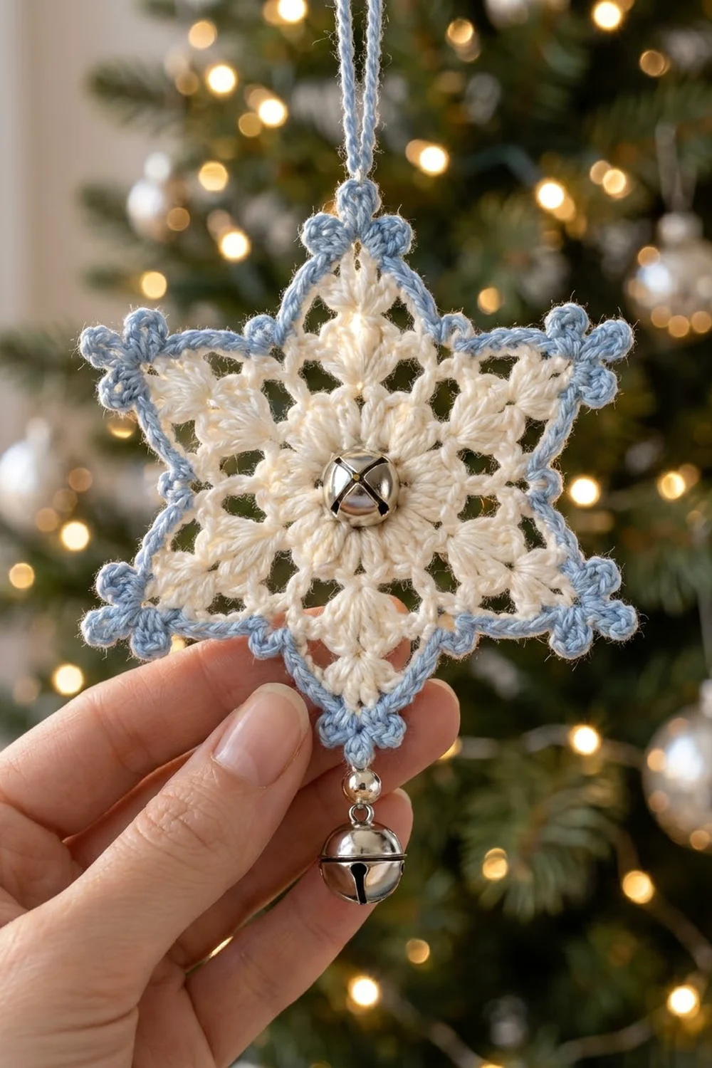 A crocheted snowflake ornament in cream and blue with jingle bells, held against a decorated Christmas tree.