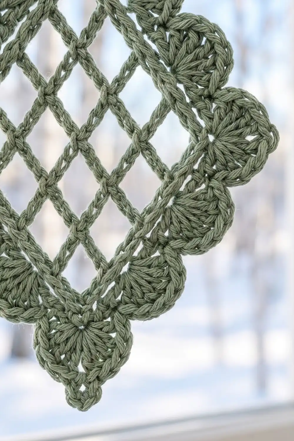 Close-up of sage green crocheted lace trim with diamond pattern against blurred winter background.