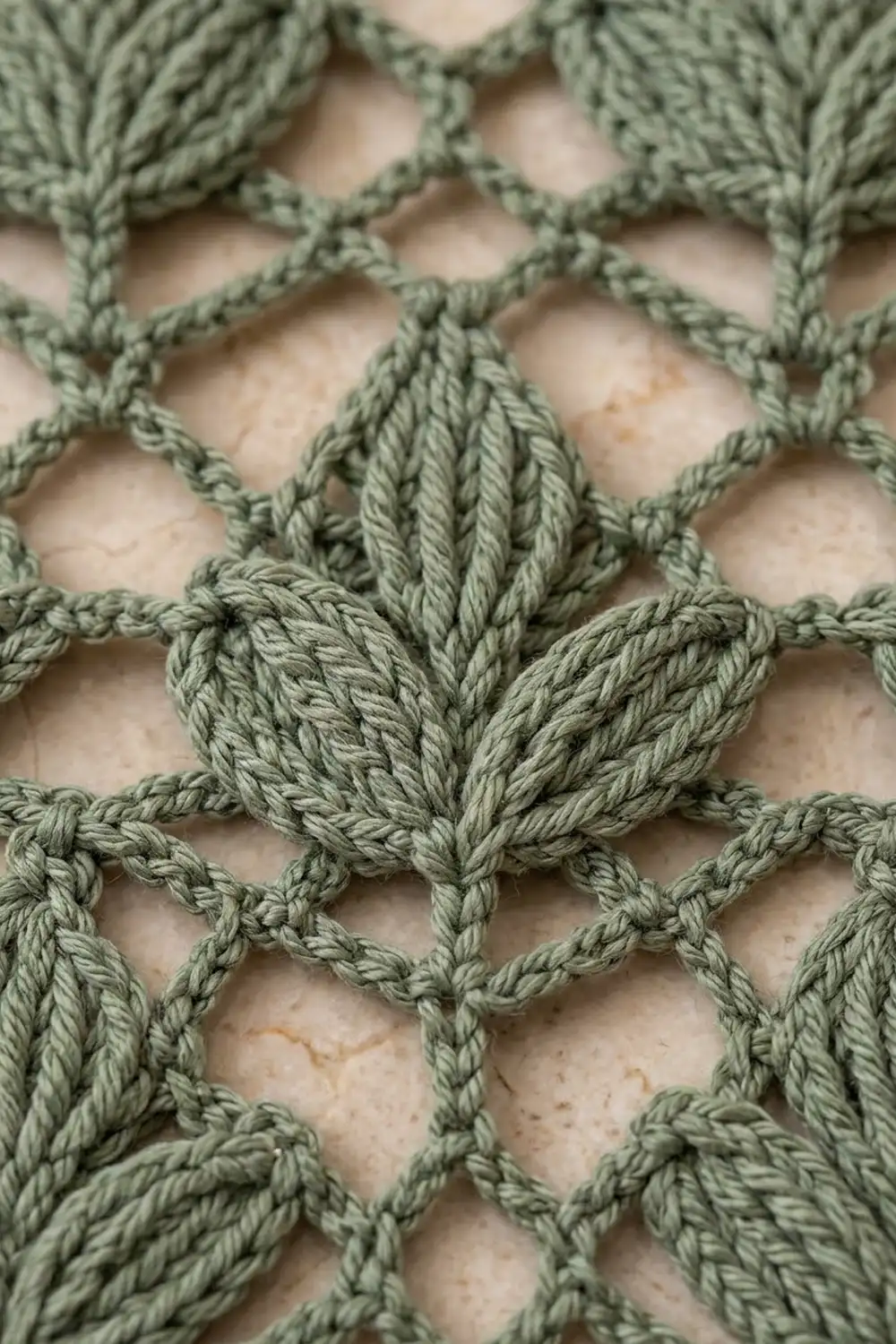 Close-up of sage green macramé knotwork featuring a central leaf motif against a neutral beige background.