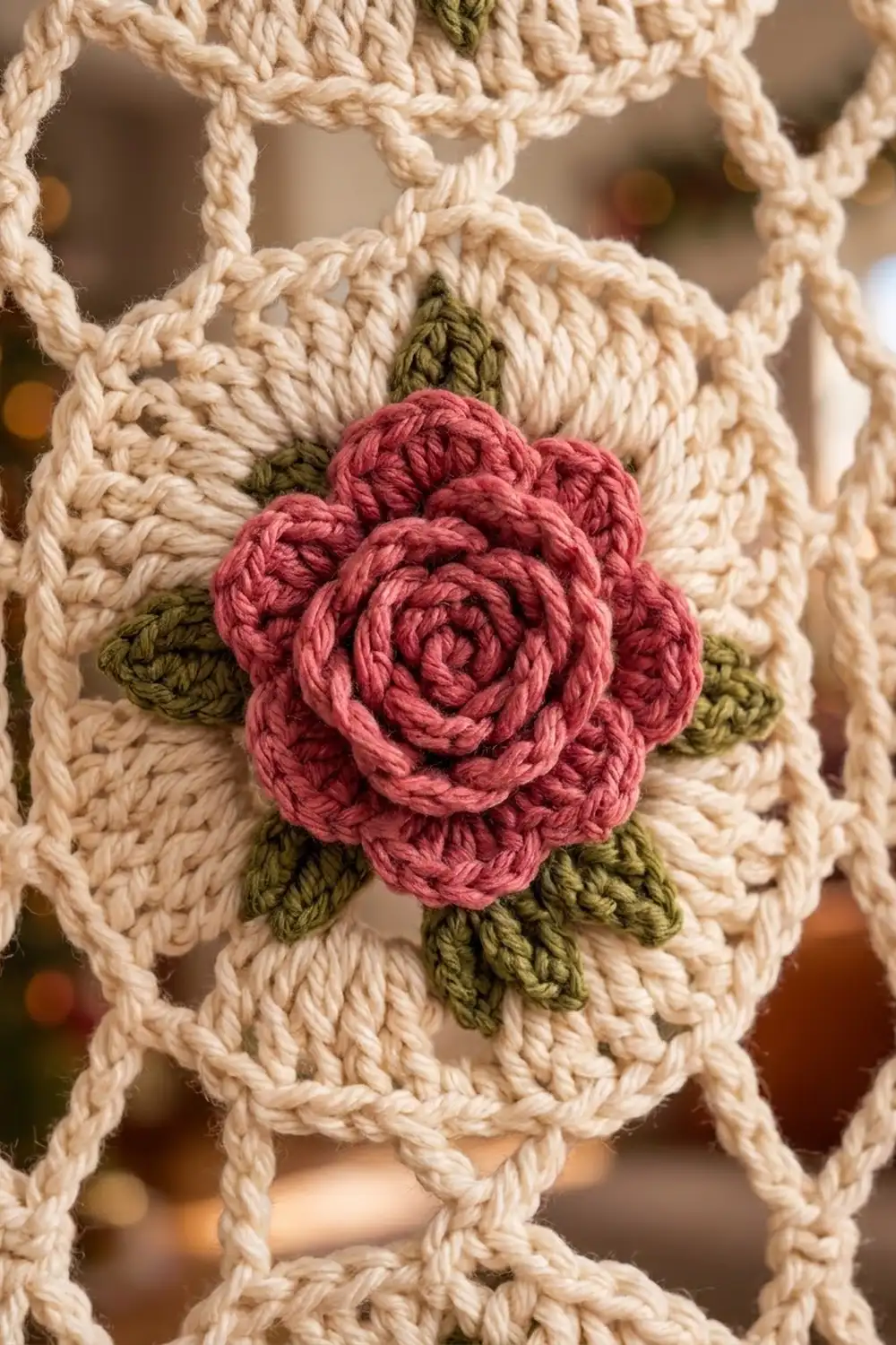 A crocheted pink rose with green leaves attached to a cream-colored macramé wall hanging.
