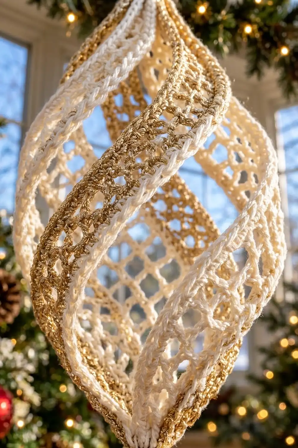 A crocheted teardrop ornament in cream and gold hangs among evergreen garland and twinkling lights.